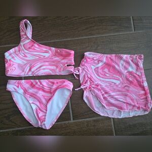 SHEIN Pink Swirl One-Shoulder Bikini Set with Tie Swim Skirt